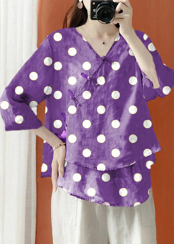 Beautiful Purple Asymmetrical Print cotton blend Blouses Half Sleeve