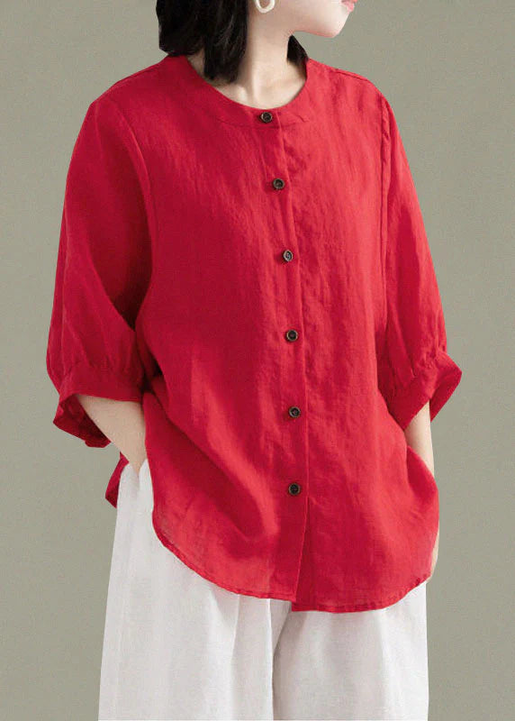 Art Red O-Neck Button Linen Loose Shirt Top Lantern Sleeve