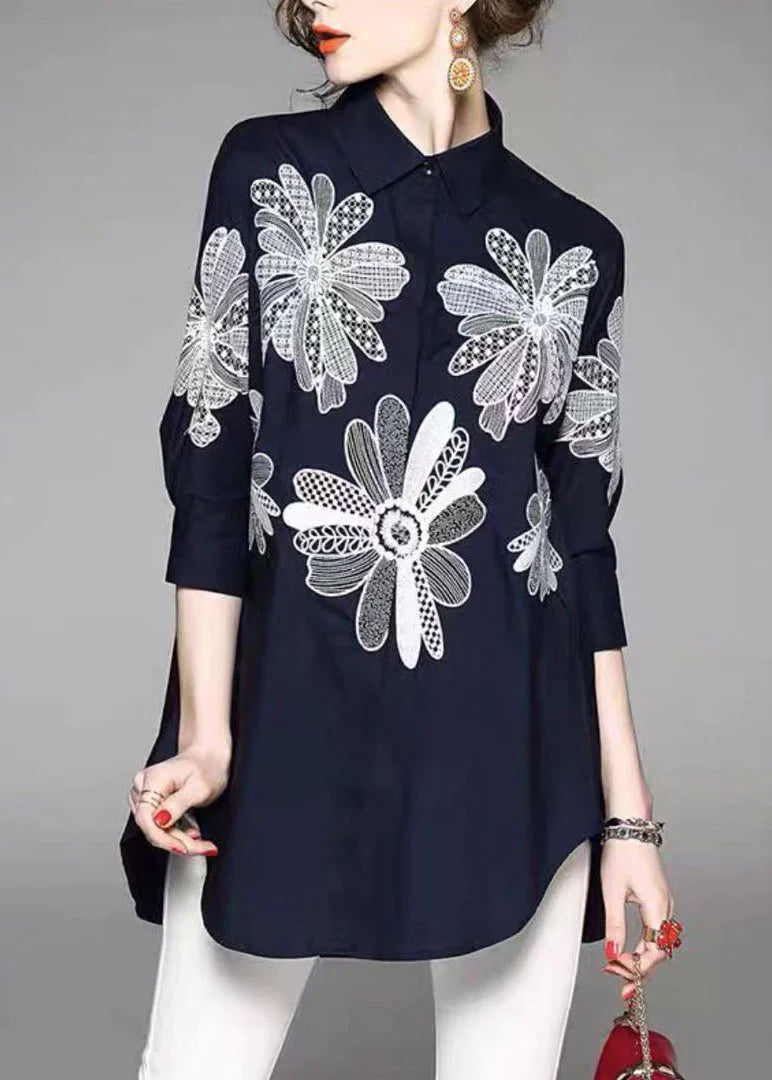 Handmade Blue Peter Pan Collar Embroidered Asymmetrical Design Cotton Long Shirt Half Sleeve