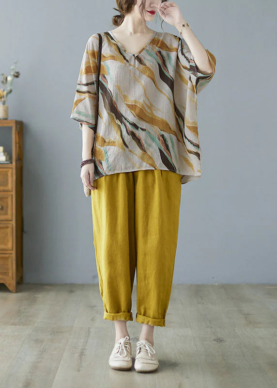 Elegant Yellow V Neck Print Fall Striped Shirt Tops Half Sleeve