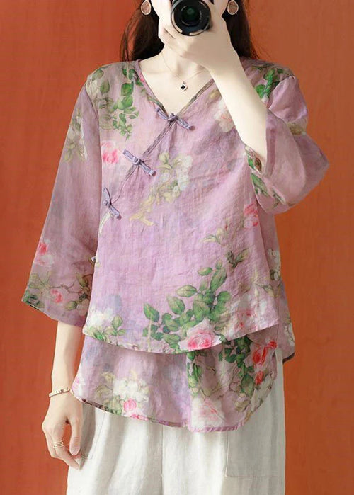 Beautiful Purple Asymmetrical Print cotton blend Blouses Half Sleeve