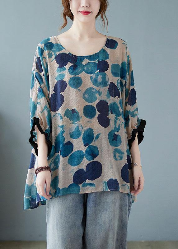 Loose Blue Dotted Batwing Sleeve Cotton Linen Tee