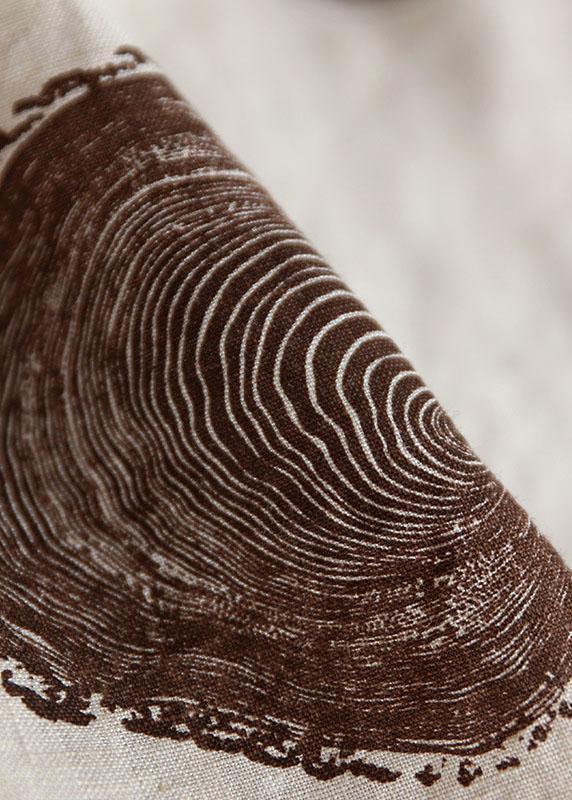 Vintage Beige Peter Pan Collar Print Summer Linen Blouses Half Sleeve